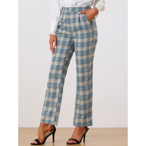 Plaid Pants Elastic Waist Casual Work Office Long Trousers Khaki Gray Blue - Picture 2 of 5